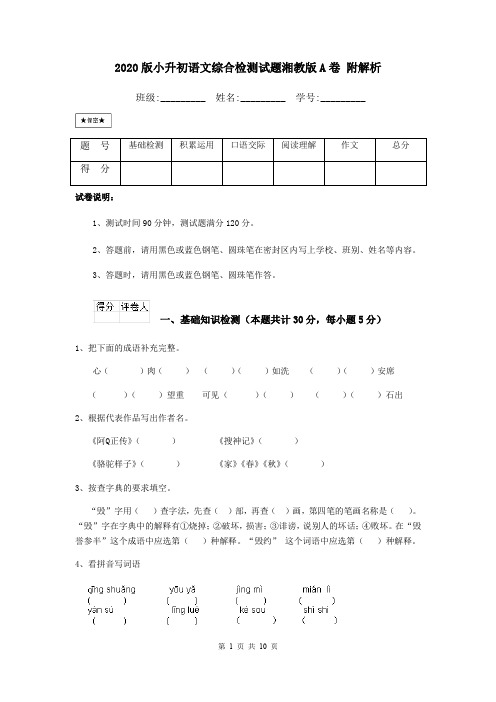 2020版小升初语文综合检测试题湘教版A卷 附解析