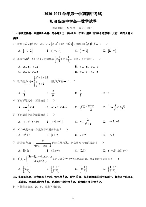 广东省深圳市盐田高级中学2020~2021学年高一上学期期中数学试题含答案