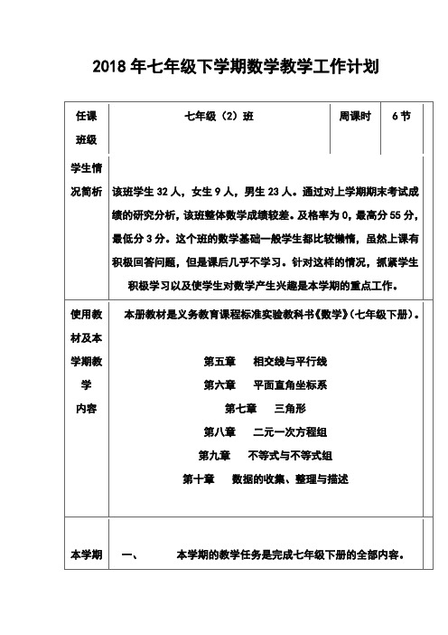 2018年七年级下学期数学教学工作计划 精品