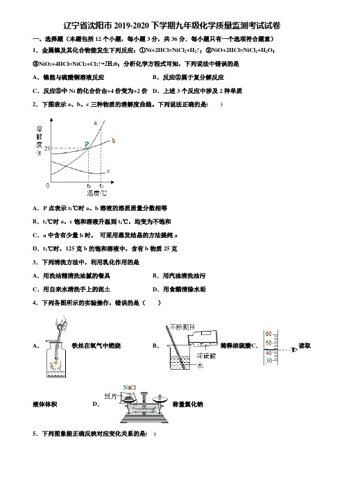 【附20套中考模拟试卷】辽宁省沈阳市2019-2020下学期九年级化学质量监测考试试卷含解析