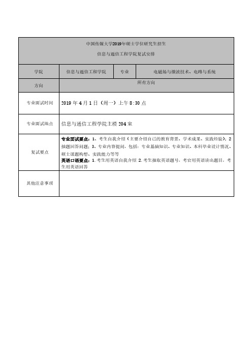 中国传媒大学2019年硕士学位研究生招生信息与通信工程学院复试安排