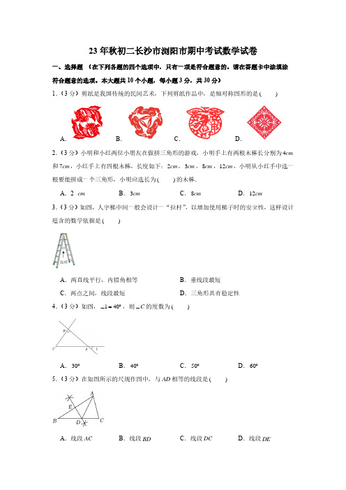 湖南省长沙市浏阳市2023-2024学年上学期八年级期中考试数学试卷