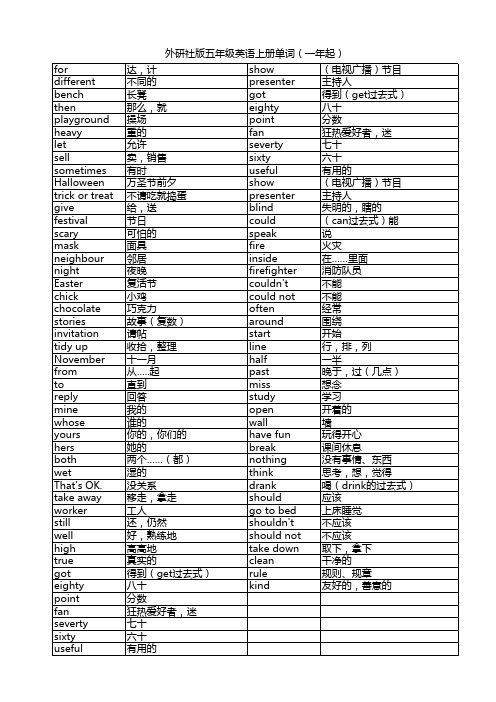 外研社版五年级英语上册词汇(表格版、可单独打印单词、汉字)