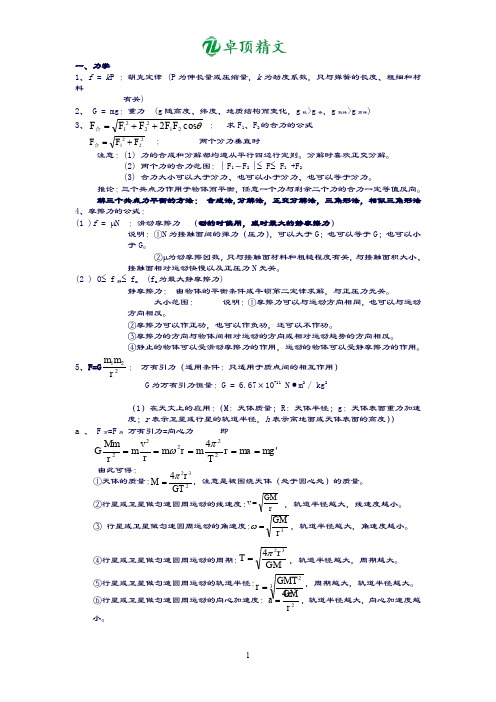 【卓顶精品】省重点高中物理力学公式.doc