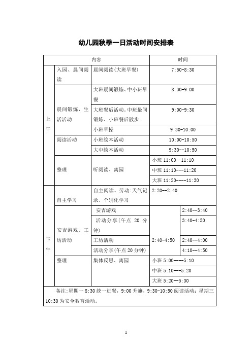 幼儿园秋季一日活动时间安排表