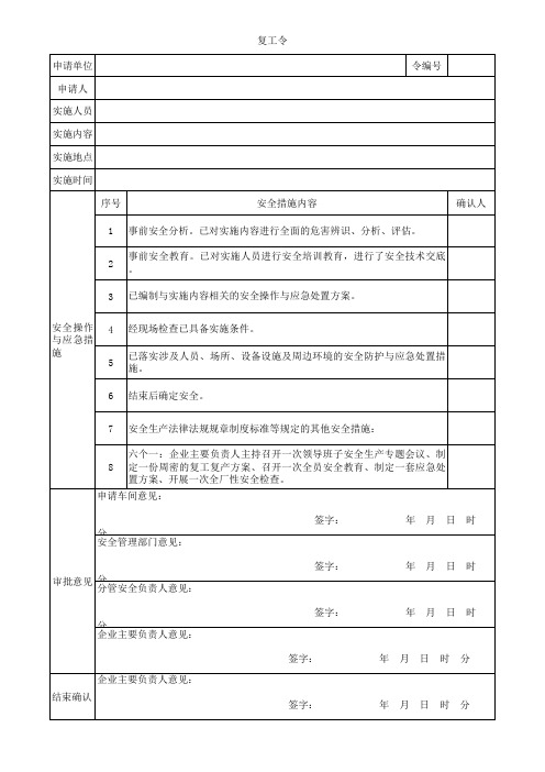 动工令、动火令、停工令、复工令