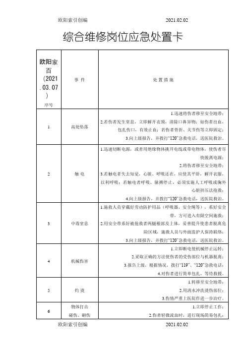 20种典型作业岗位应急处置卡之欧阳索引创编