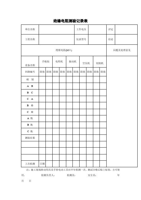 绝缘电阻测验记录表(模板格式)