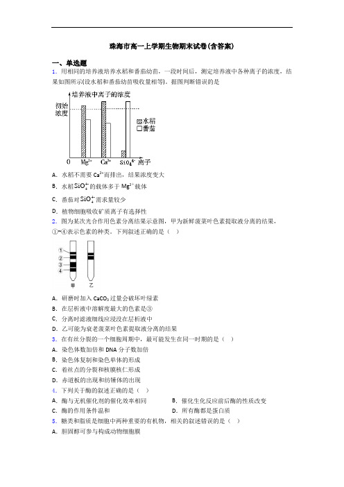 珠海市高一上学期生物期末试卷(含答案)