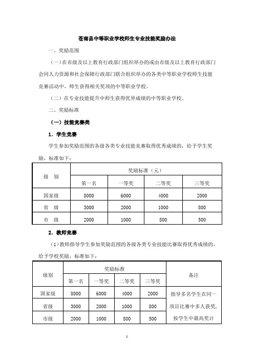 苍南县中等职业学校师生专业技能奖励办法