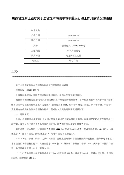 山西省煤炭工业厅关于全省煤矿防治水专项整治行动工作开展情况的通报-晋煤行发〔2016〕699号