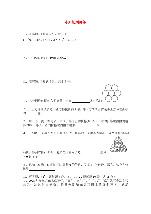 青岛版六年级数学小升初周周练【19】