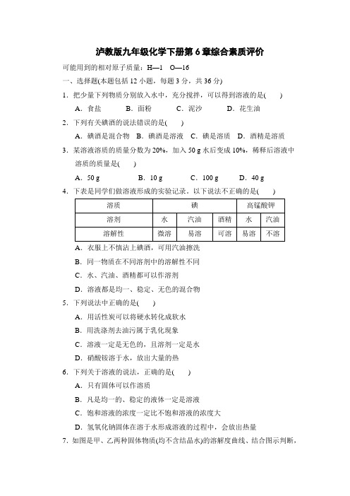 泸教版九年级化学下册第6章综合素质评价 附答案