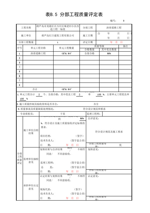 表B.5 分部工程质量评定表