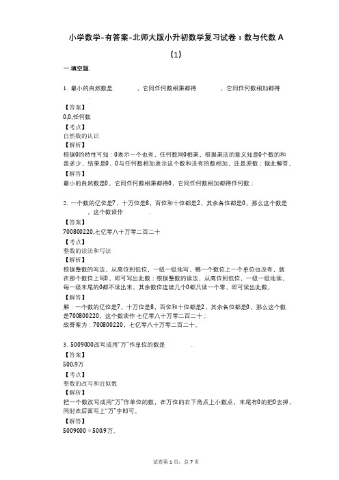 小学数学-有答案-北师大版小升初数学复习试卷：数与代数A(1)