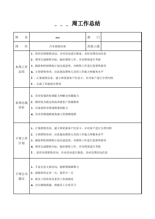 汽车销售经理周工作总结