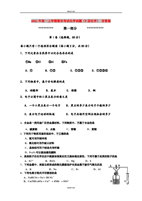 2021年高一上学期期末考试化学试题(P层化学) 含答案