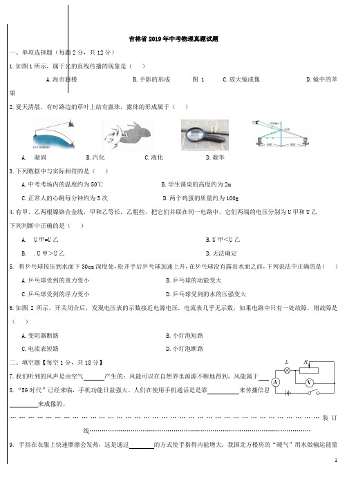 吉林省2019年中考物理真题试题