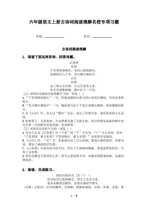 六年级语文上册古诗词阅读理解名校专项习题