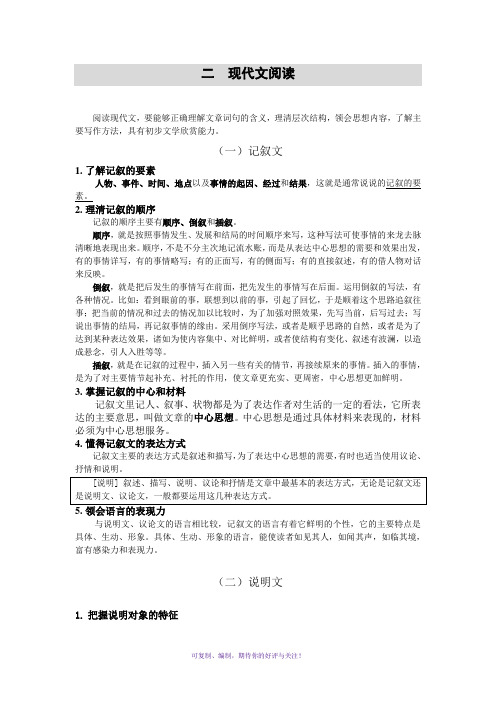 上海市初级中学语文学科教学基本要求二、现代文阅读