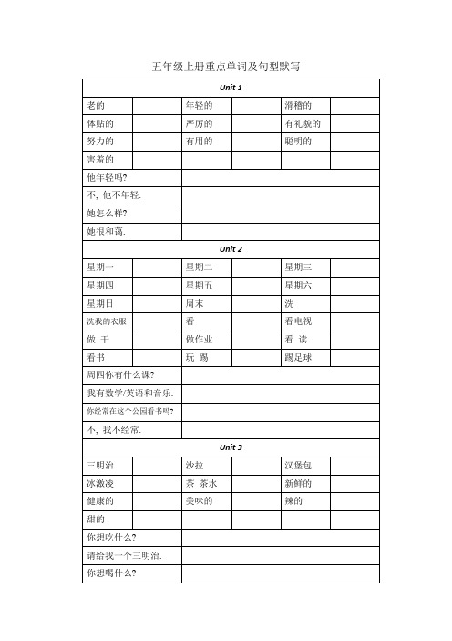 五年级上册重点单词及句型默写