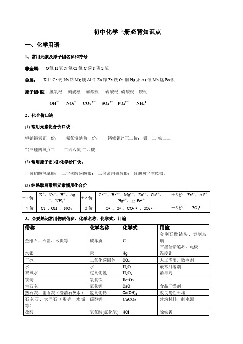 2021年人教版初三化学全册必背知识点精华