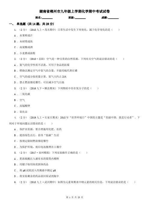 湖南省郴州市九年级上学期化学期中考试试卷