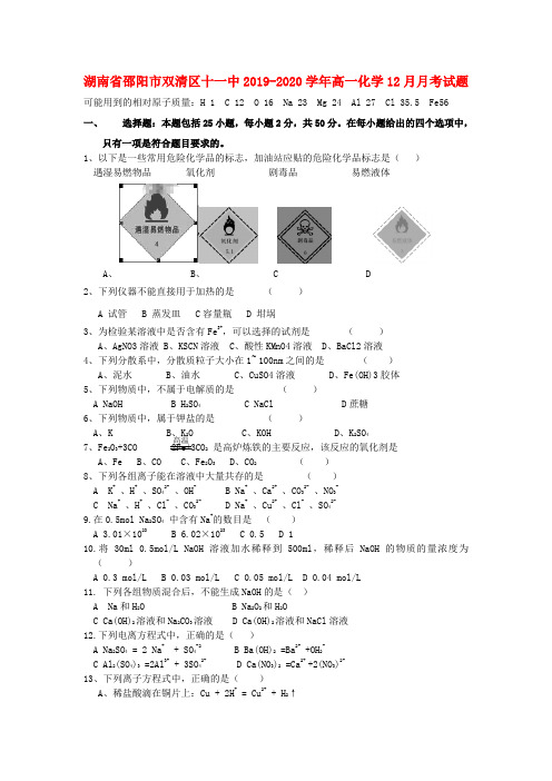 湖南省邵阳市双清区十一中2019_2020学年高一化学12月月考试题