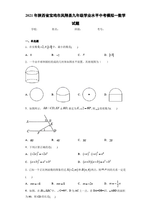 2021年陕西省宝鸡市凤翔县九年级学业水平中考模拟一数学试题