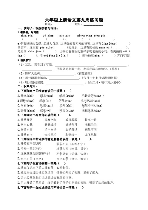 (部编版)六年级上册语文第九周练习题