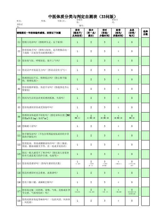 中医体质辨识_问卷_带公式计算可直接得到结果