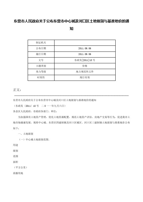 东营市人民政府关于公布东营市中心城及河口区土地级别与基准地价的通知-东政发[2011]18号