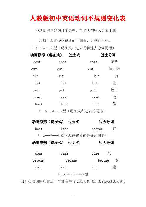 初中英语动词不规则变化表(完整版)