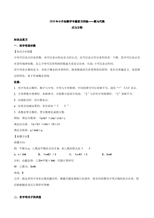 2020年小升初数学专题复习训练—数与代数：式与方程(知识点总结)