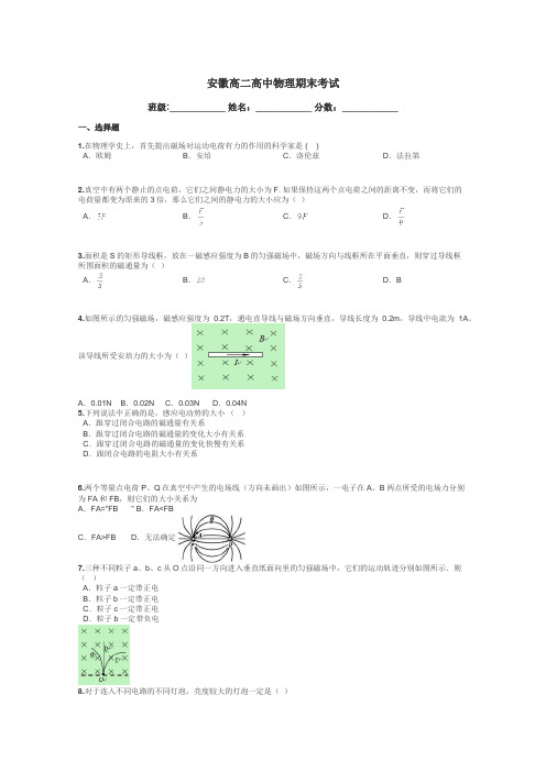 安徽高二高中物理期末考试带答案解析
