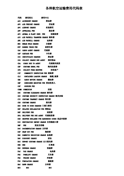 各种航空运输费用代码表