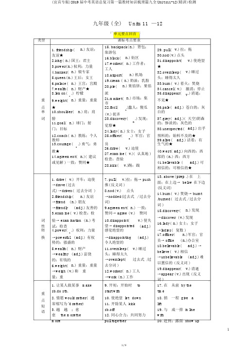 (宜宾专版)2019届中考英语总复习第一篇教材知识梳理篇九全Units11-12(精讲)检测