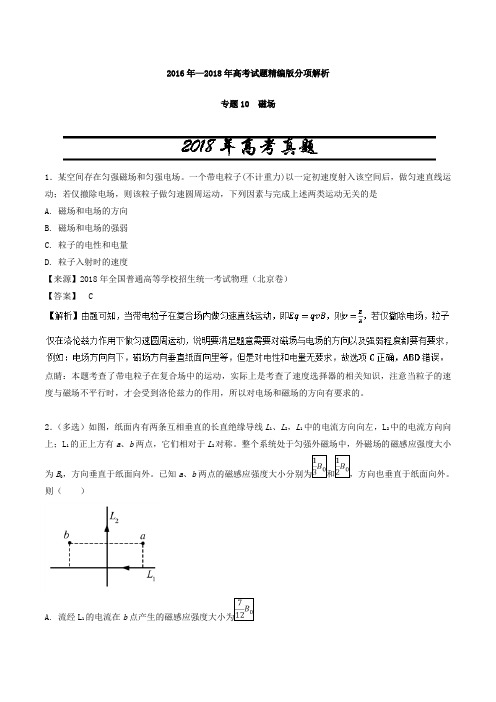 【三年高考】2016-2018年物理试题分项解析：专题10-磁场(含答案)