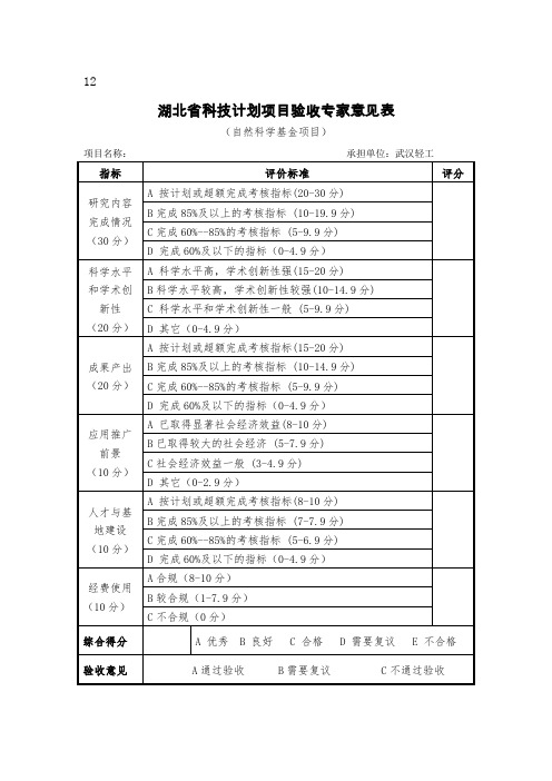 科技计划项目验收专家意见表(自然科学基金项目)