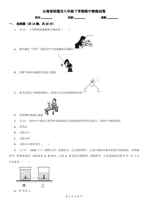 云南省昭通市八年级下学期期中物理试卷 