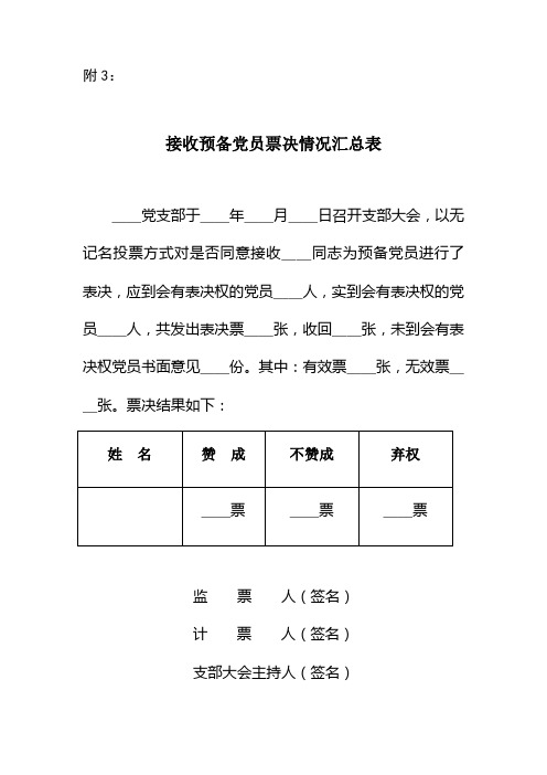 接收预备党员票决情况汇总表