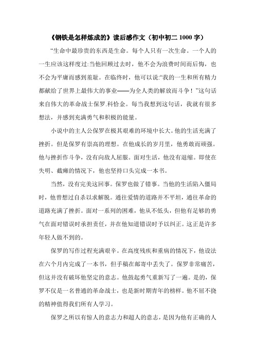 《钢铁是怎样炼成的》读后感作文(初中初二1000字).doc