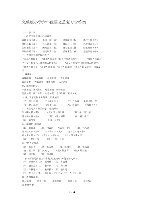 版小学六年级的语文总复习模板计划含标准答案.doc