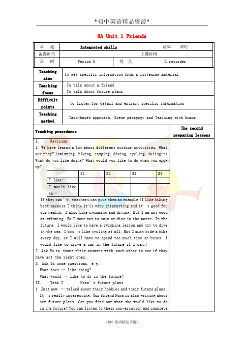 译林牛津版八上英语 Unit 1 Friends Integrated skills教案(2)