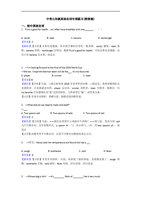 中考九年级英语名词专项练习(附答案)