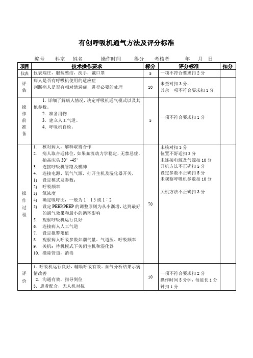 有创呼吸机通气方法及评分标准