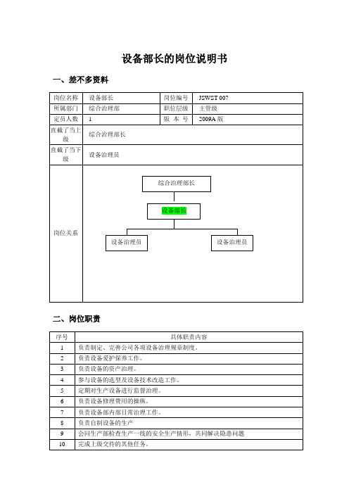 设备部长的岗位说明书