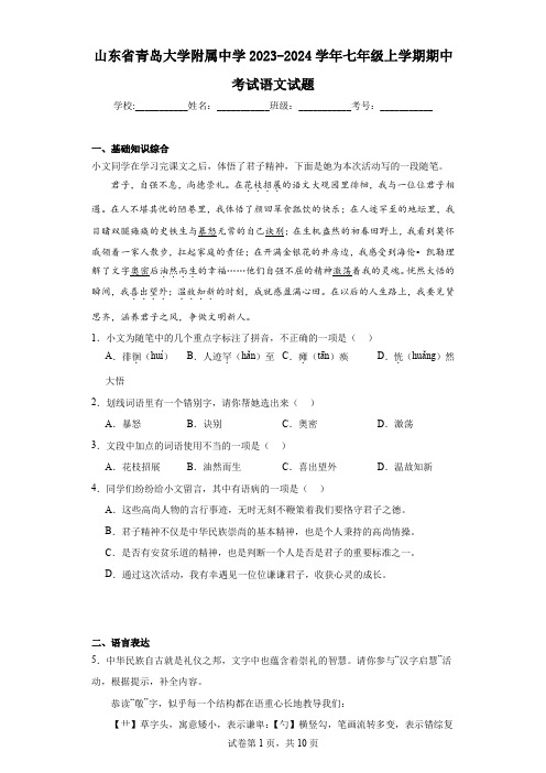 山东省青岛大学附属中学2023-2024学年七年级上学期期中考试语文试题