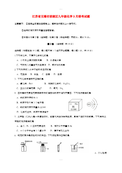 江苏省无锡市滨湖区九年级化学3月联考试题