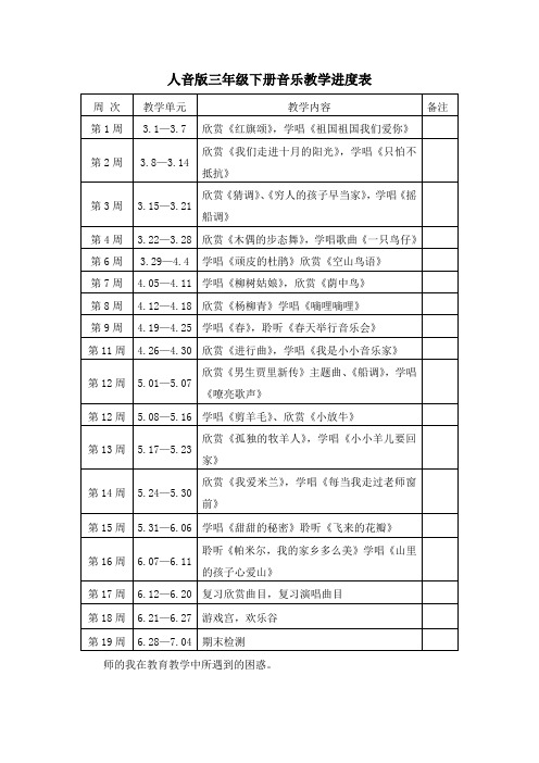 人音版三年级下册音乐教学进度表